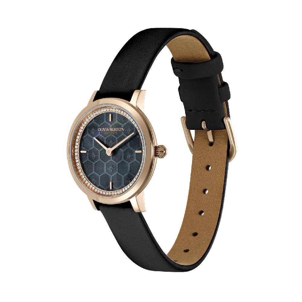 Olivia Burton 28mm Honeycomb Ultra Slim Rose Gold & Black Leather Strap Watch