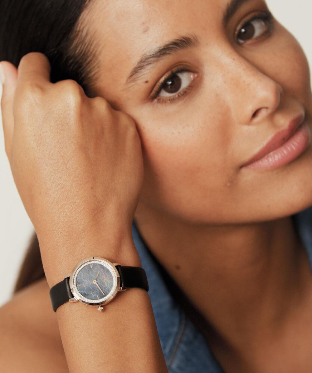 Olivia Burton 28mm Honeycomb Ultra Slim Rose Gold & Black Leather Strap Watch