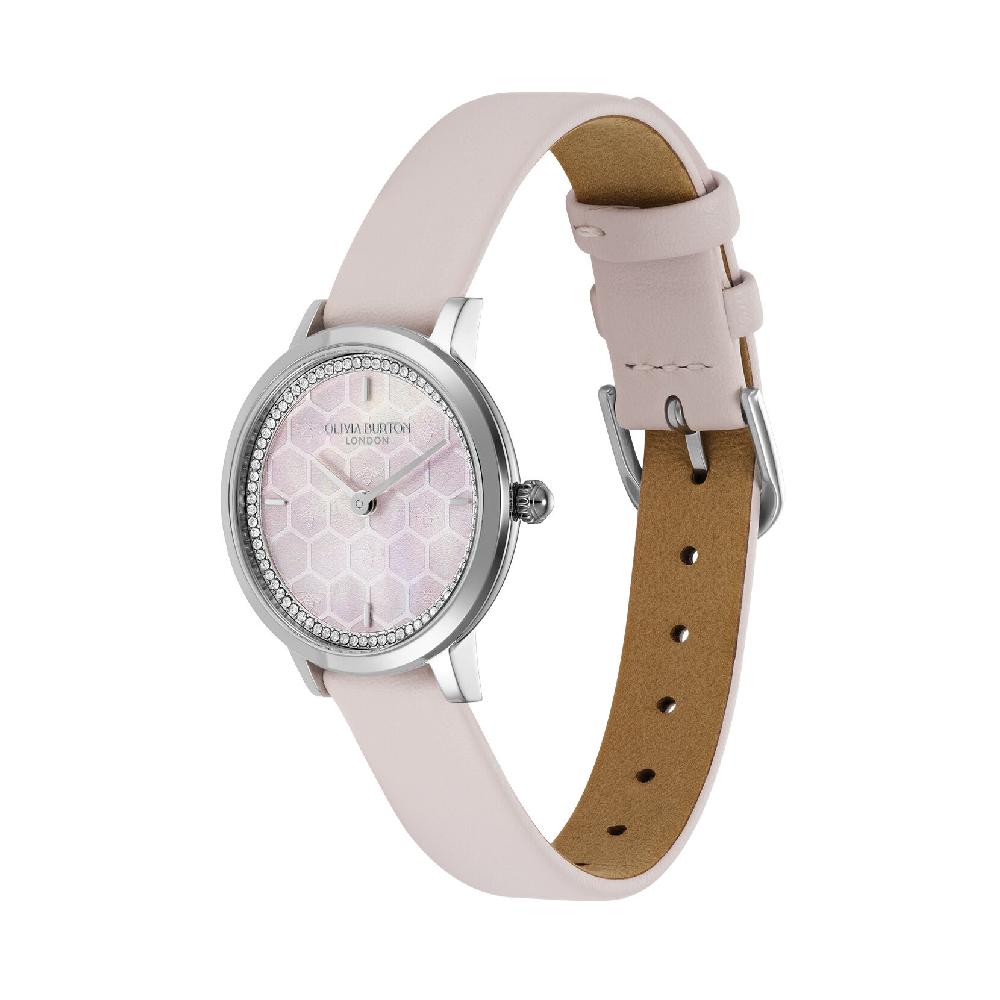 Olivia Burton 28mm Honeycomb Ultra Slim Silver & Primrose Leather Strap Watch