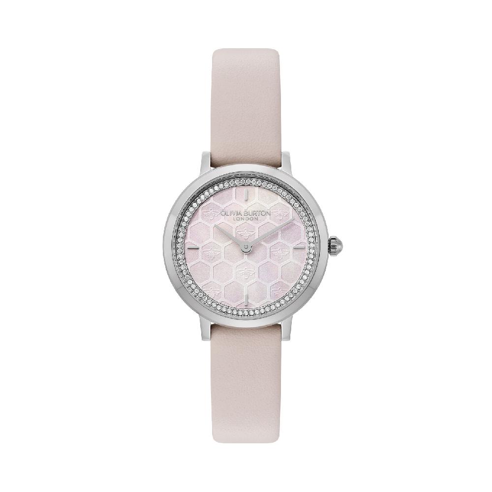 olivia burton 28mm Honeycomb Ultra Slim Silver & Primrose Leather Strap Watch