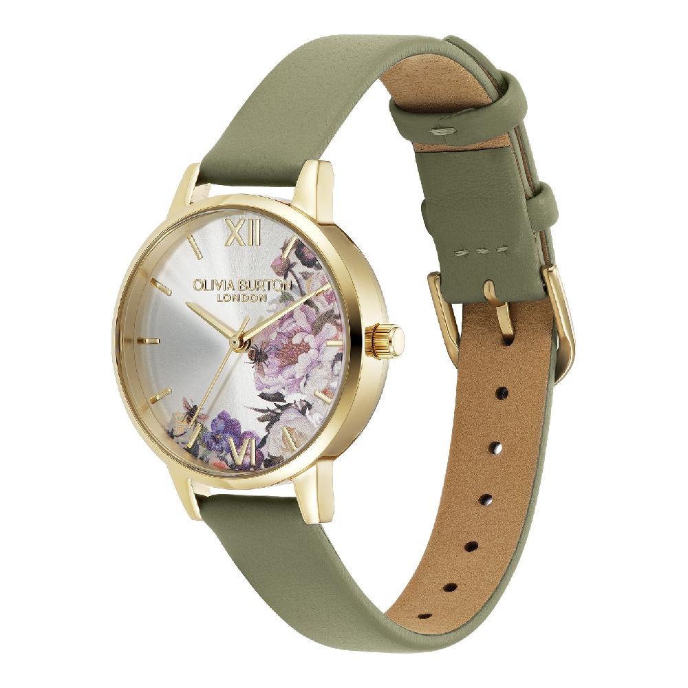 Olivia Burton 30mm Illustrated Florals Gold & Sage Green Leather Strap Watch
