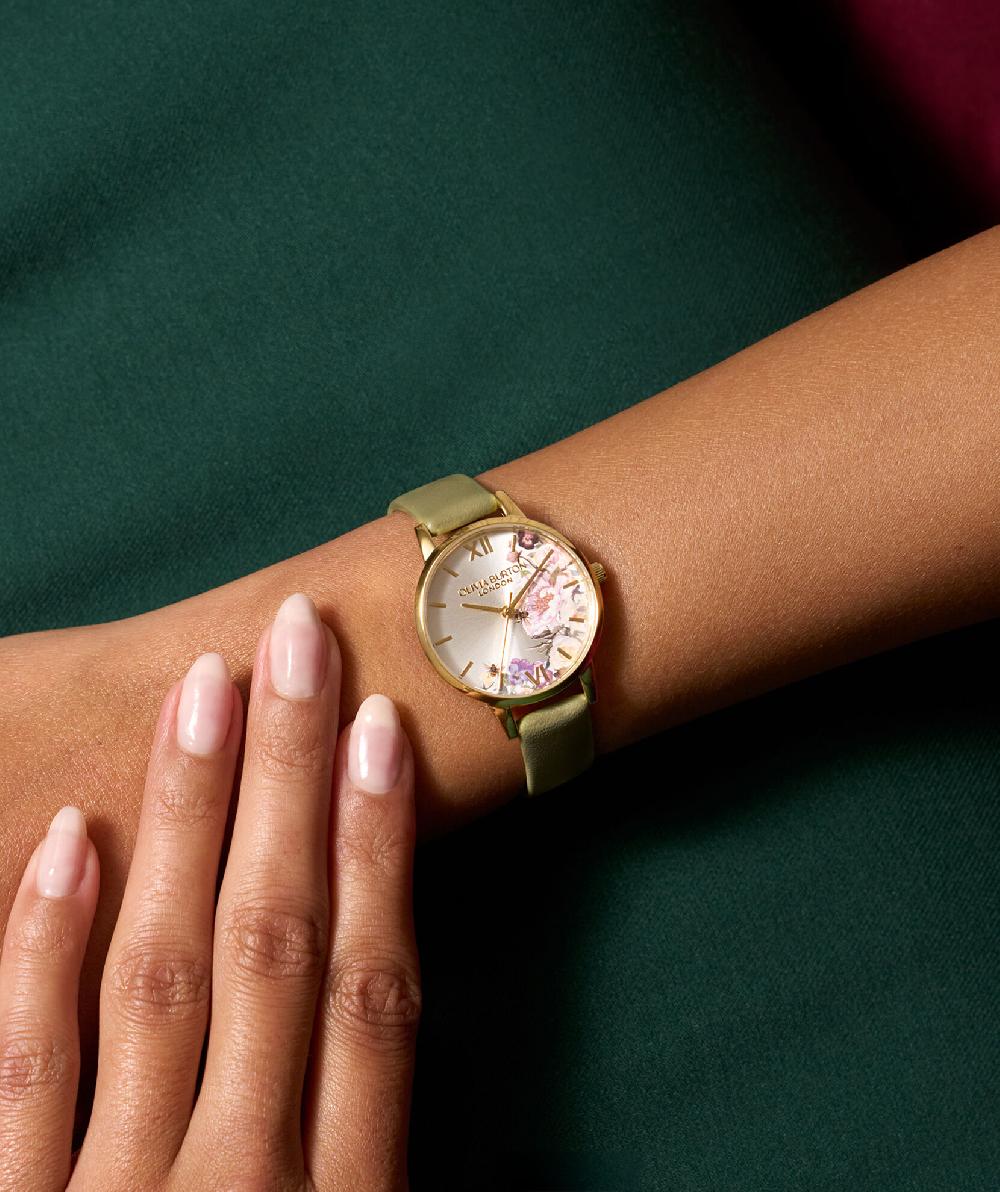 Olivia Burton 30mm Illustrated Florals Gold & Sage Green Leather Strap Watch
