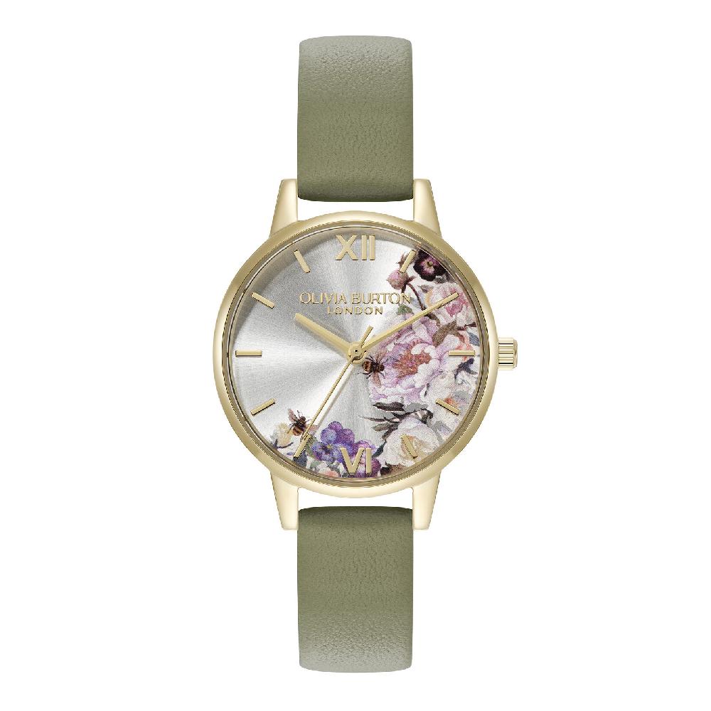 olivia burton 30mm Illustrated Florals Gold & Sage Green Leather Strap Watch