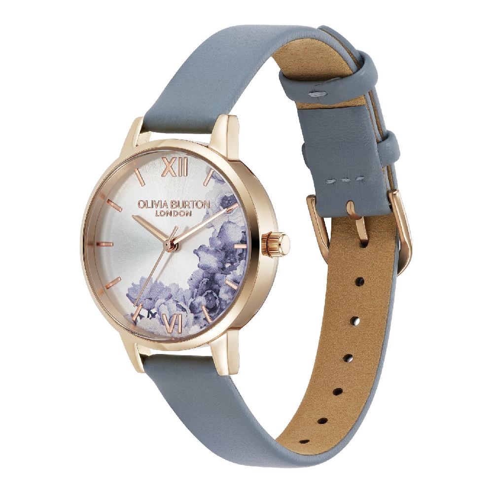 Olivia Burton 30mm Illustrated Florals Rose Gold & Chalk Blue Leather Strap Watch
