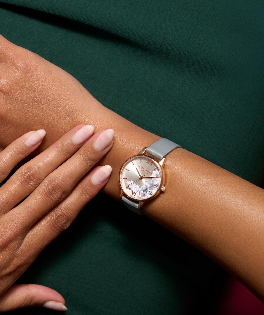 Olivia Burton 30mm Illustrated Florals Rose Gold & Chalk Blue Leather Strap Watch