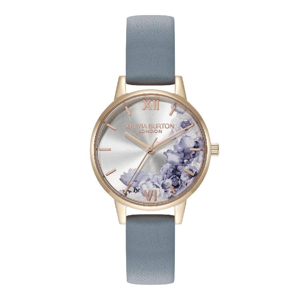 olivia burton 30mm Illustrated Florals Rose Gold & Chalk Blue Leather Strap Watch