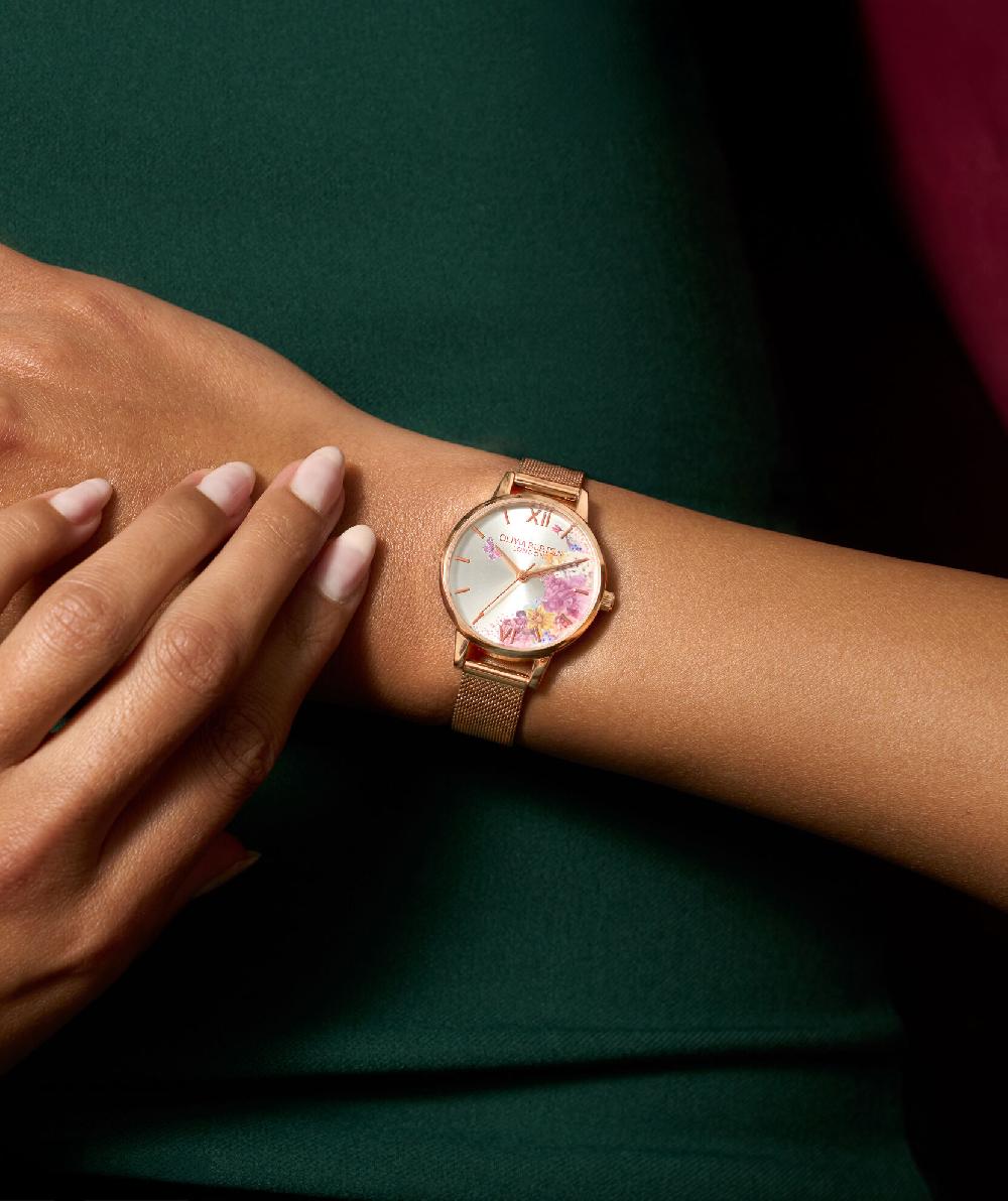 Olivia Burton 30mm Illustrated Florals Rose Gold Mesh Watch