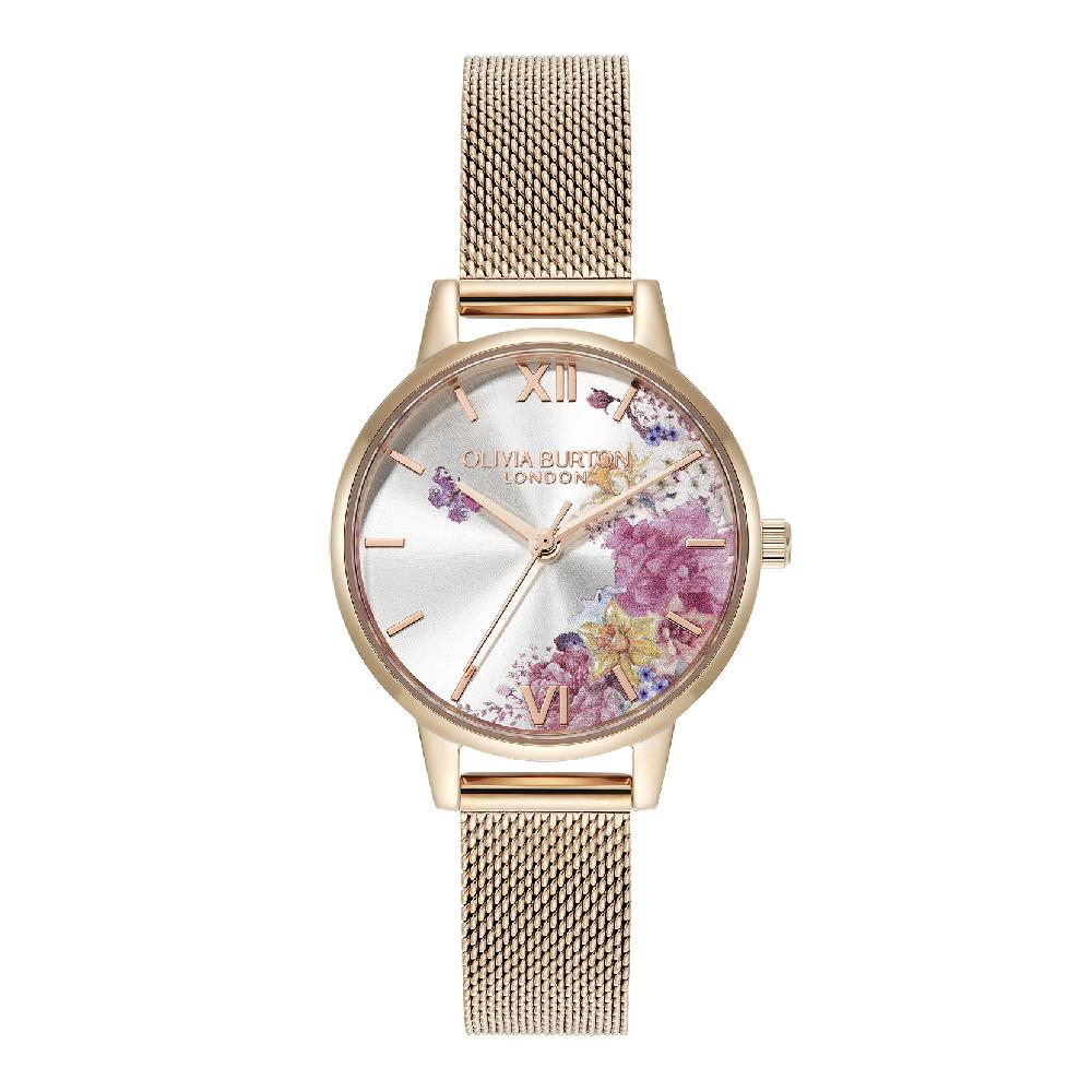 olivia burton 30mm Illustrated Florals Rose Gold Mesh Watch