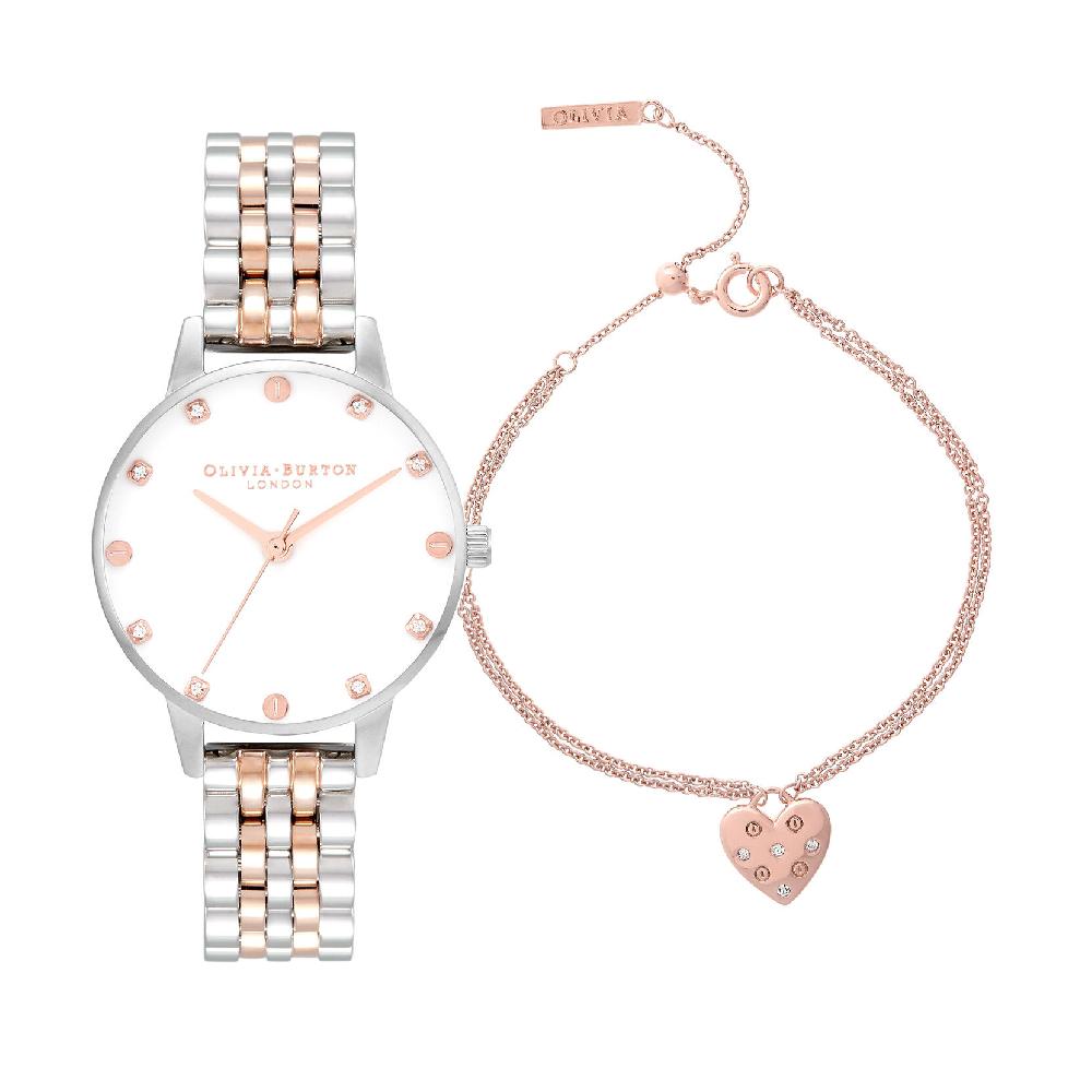 olivia burton 30mm Silver & Rose Gold Bracelet Watch & Classic Bracelet Gift Set