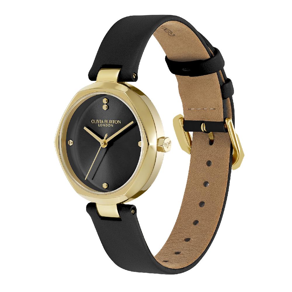 Olivia Burton 32mm Dimension T-Bar Gold & Black Leather Strap Watch