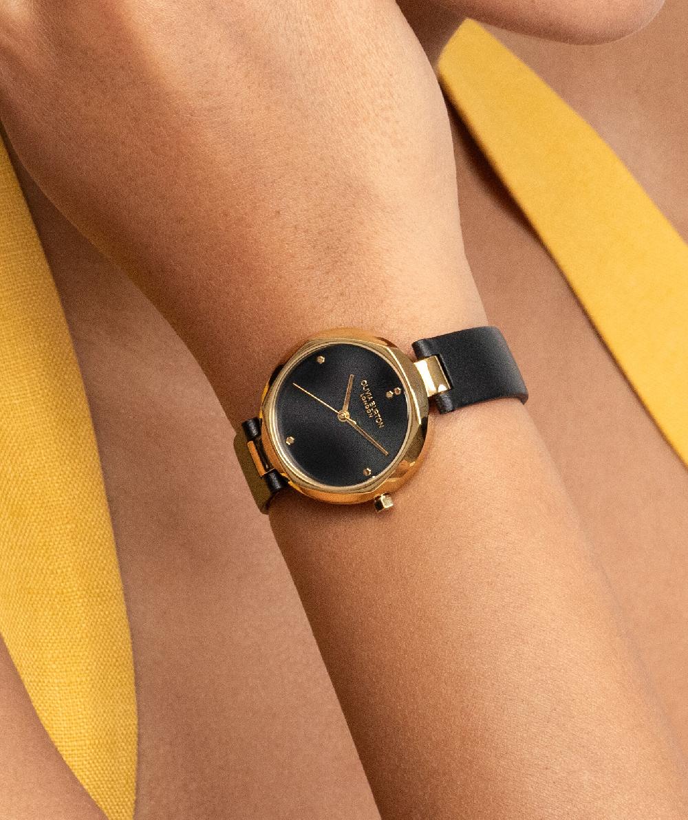 Olivia Burton 32mm Dimension T-Bar Gold & Black Leather Strap Watch