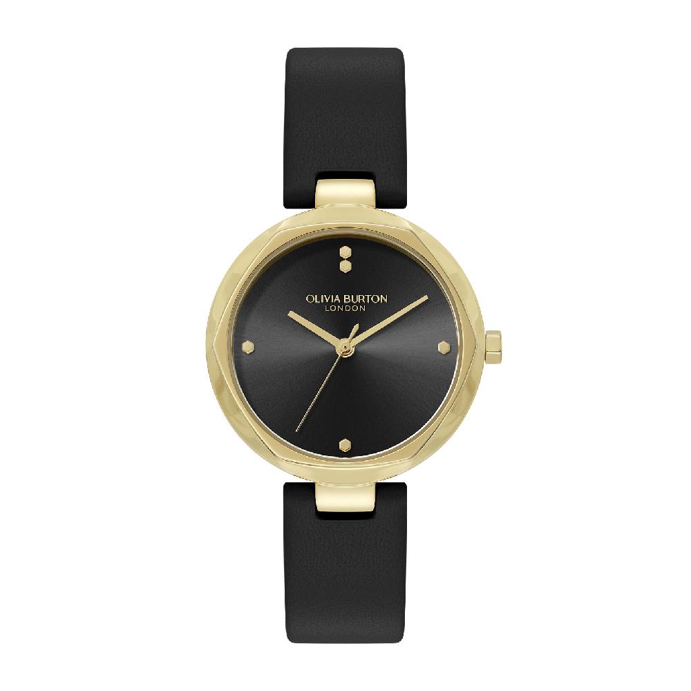 olivia burton 32mm Dimension T-Bar Gold & Black Leather Strap Watch