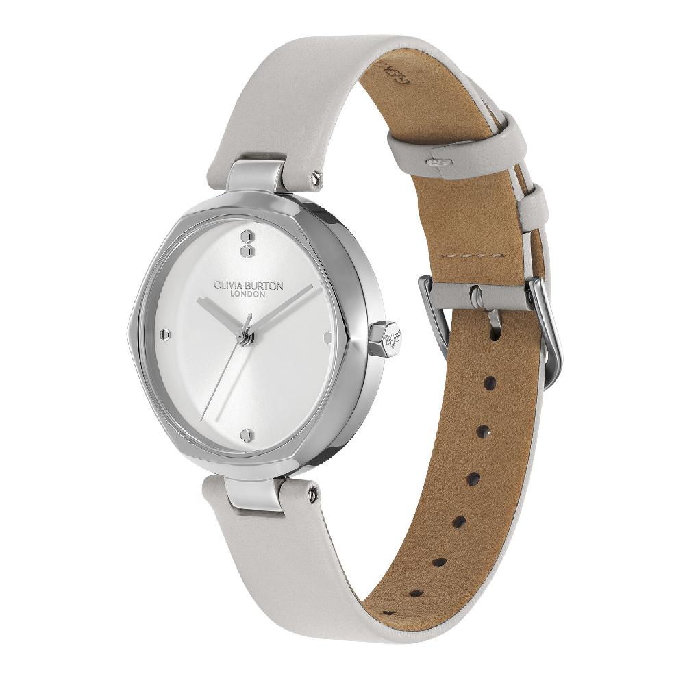 Olivia Burton 32mm Dimension T-Bar Silver & Earl Grey Leather Strap Watch