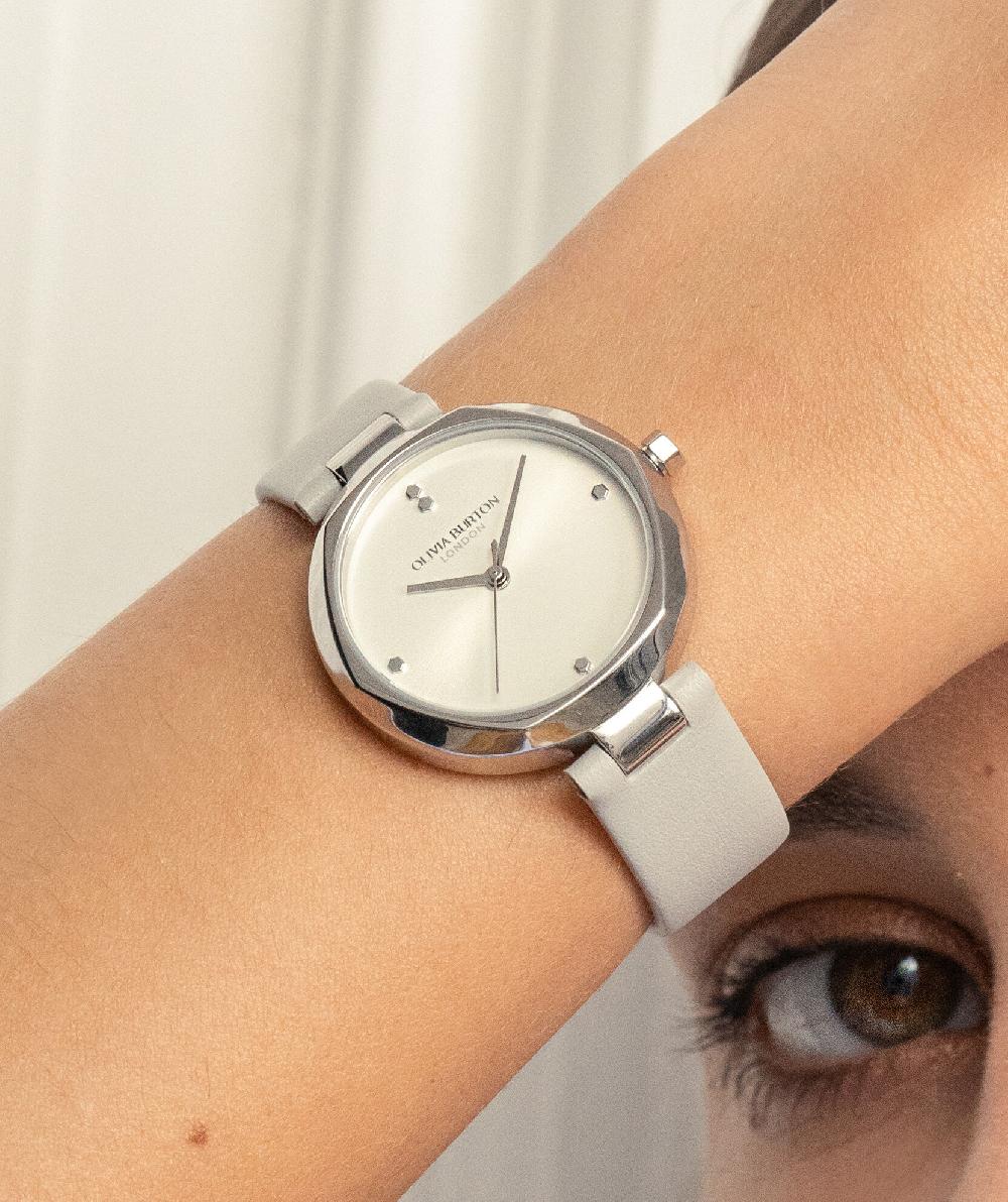 Olivia Burton 32mm Dimension T-Bar Silver & Earl Grey Leather Strap Watch