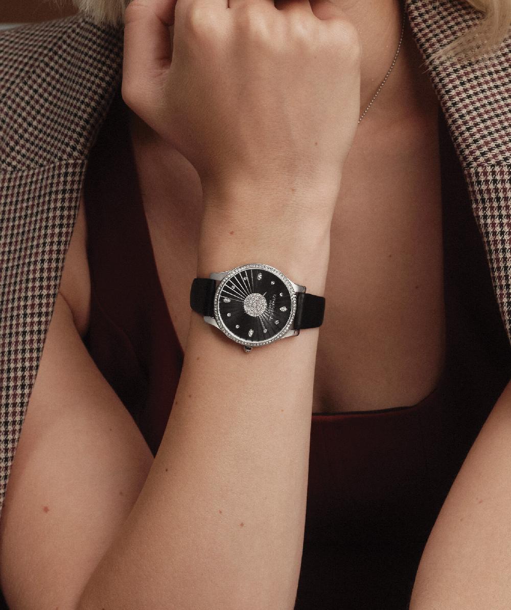 Olivia Burton 34mm Beaulieu Silver & Black Leather Strap Watch