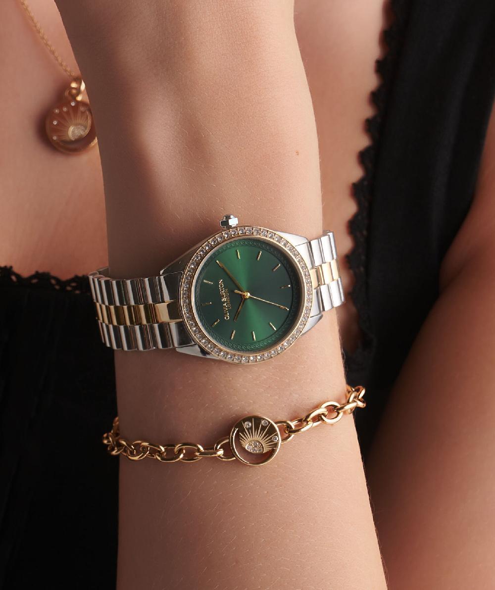 Olivia Burton 34mm Bejewelled Forest Green & Two Tone Bracelet Watch