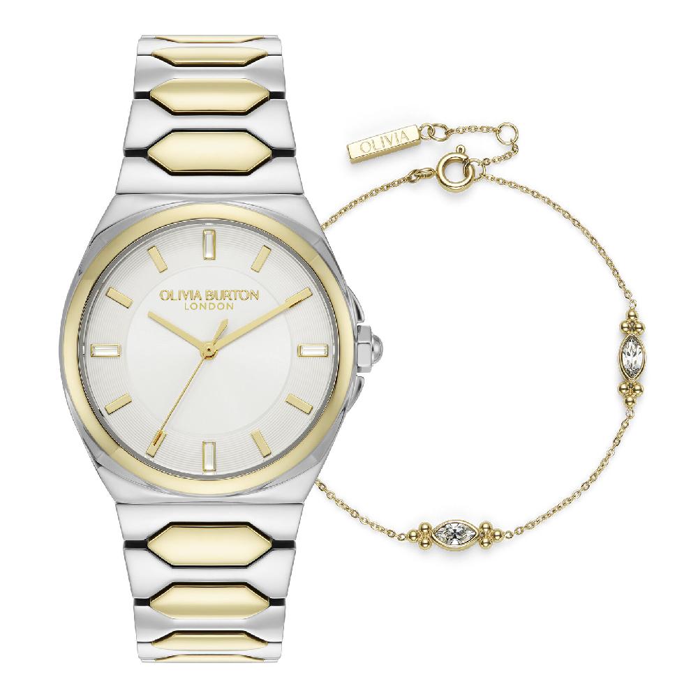 olivia burton 34mm Lustre Ivory & Two Tone Bracelet Watch & Dainty Bracelet Gift Set