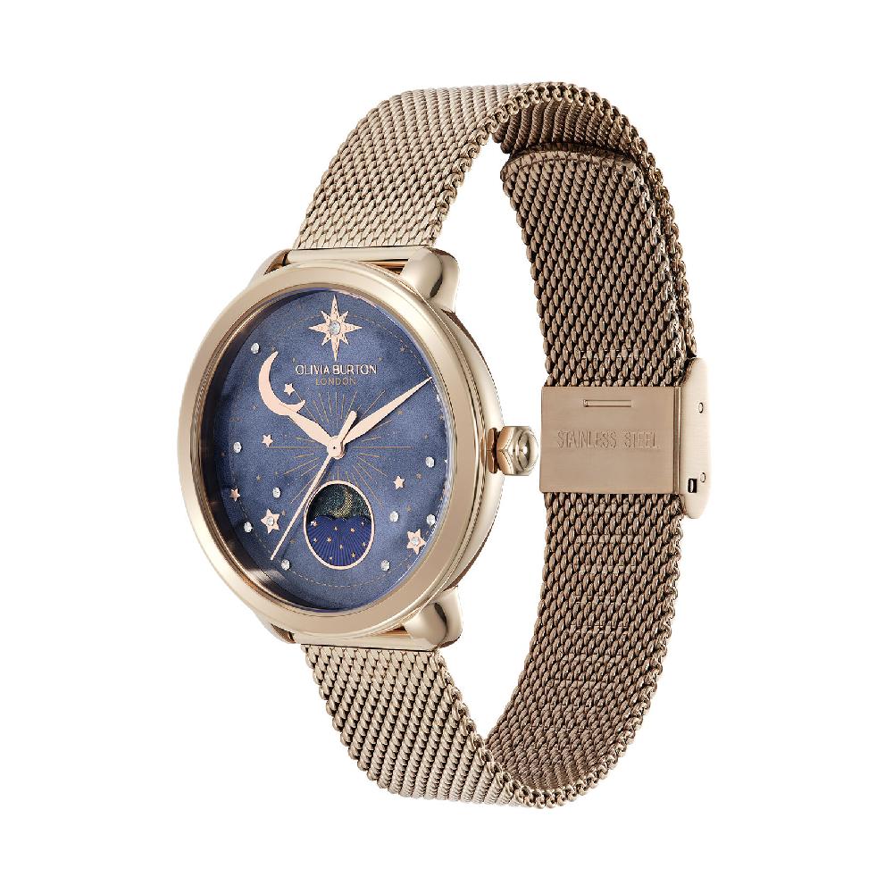 Olivia Burton 34mm Moon Phase Navy & Rose Gold Mesh Watch