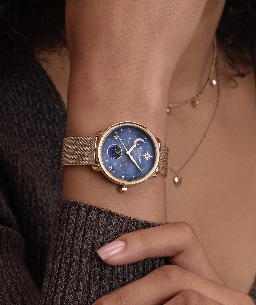 Olivia Burton 34mm Moon Phase Navy & Rose Gold Mesh Watch