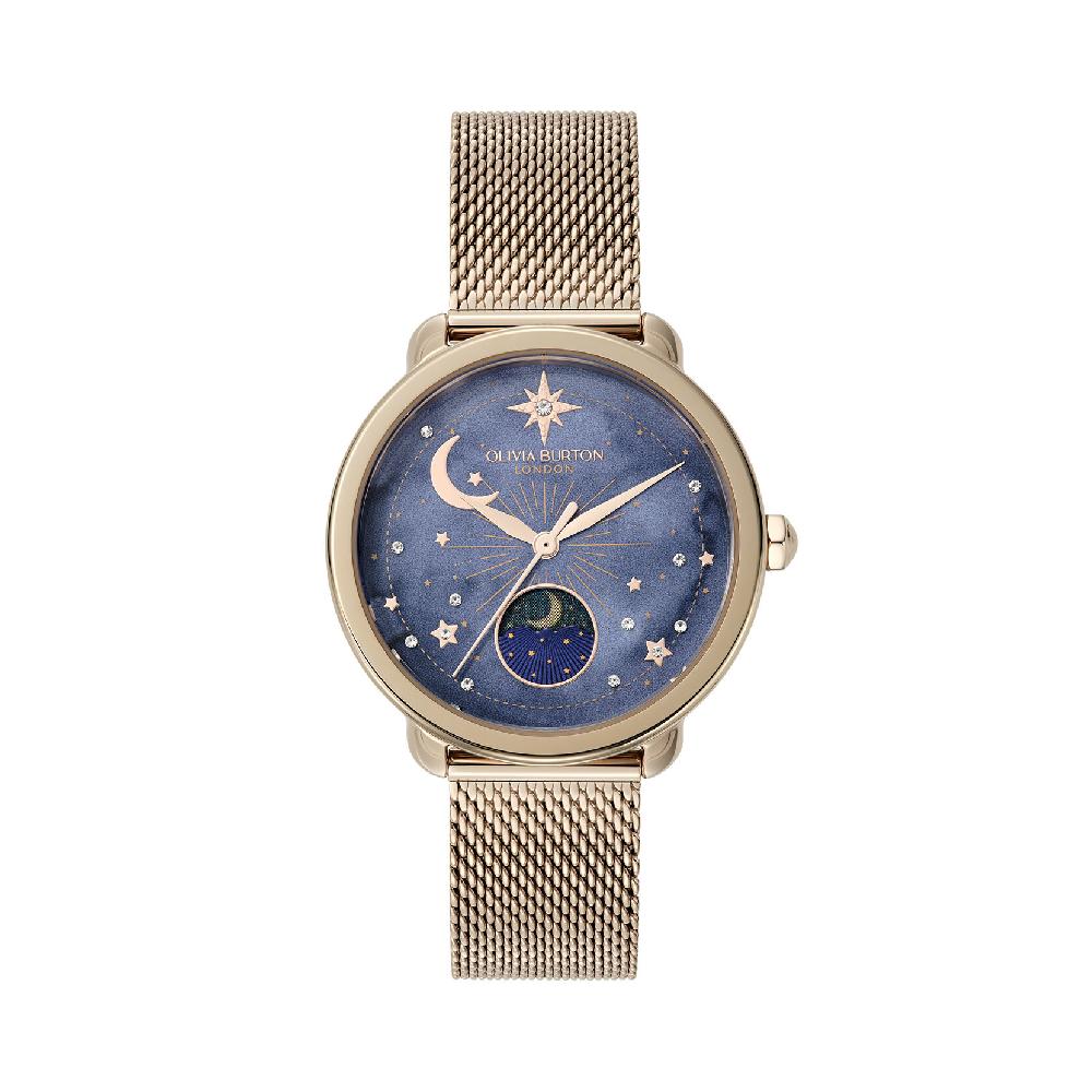 olivia burton 34mm Moon Phase Navy & Rose Gold Mesh Watch