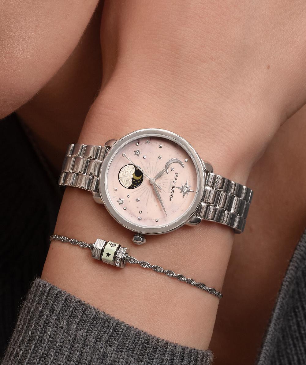 Olivia Burton 34mm Moon Phase Pink & Silver Bracelet Watch