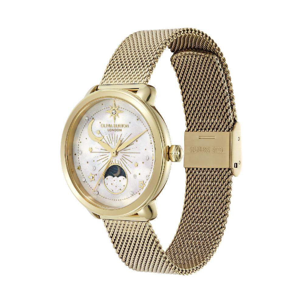 Olivia Burton 34mm Moon Phase White & Gold Mesh Watch