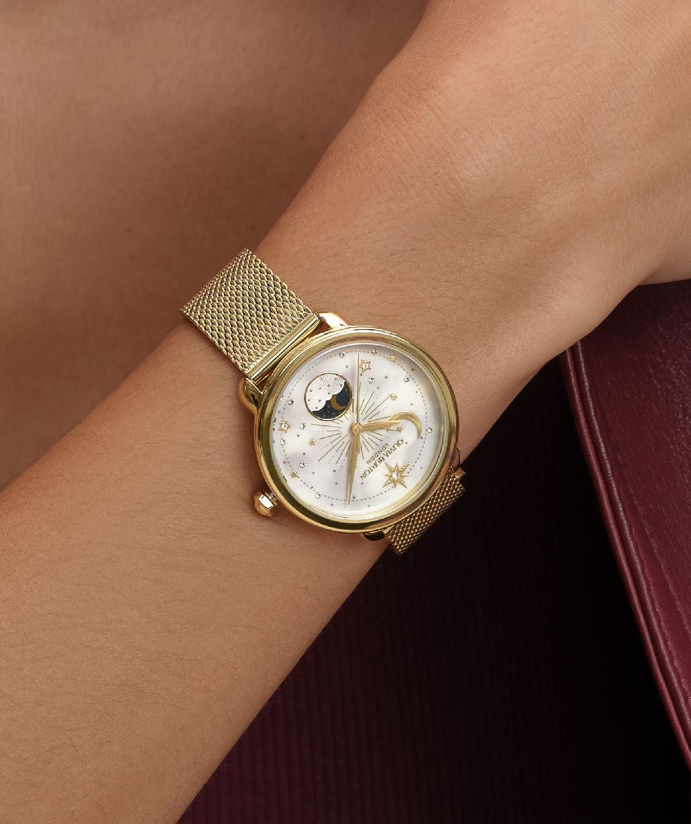 Olivia Burton 34mm Moon Phase White & Gold Mesh Watch