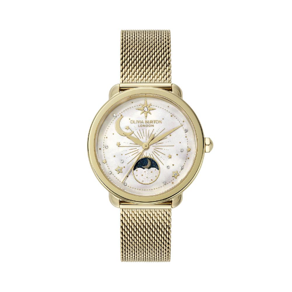 olivia burton 34mm Moon Phase White & Gold Mesh Watch