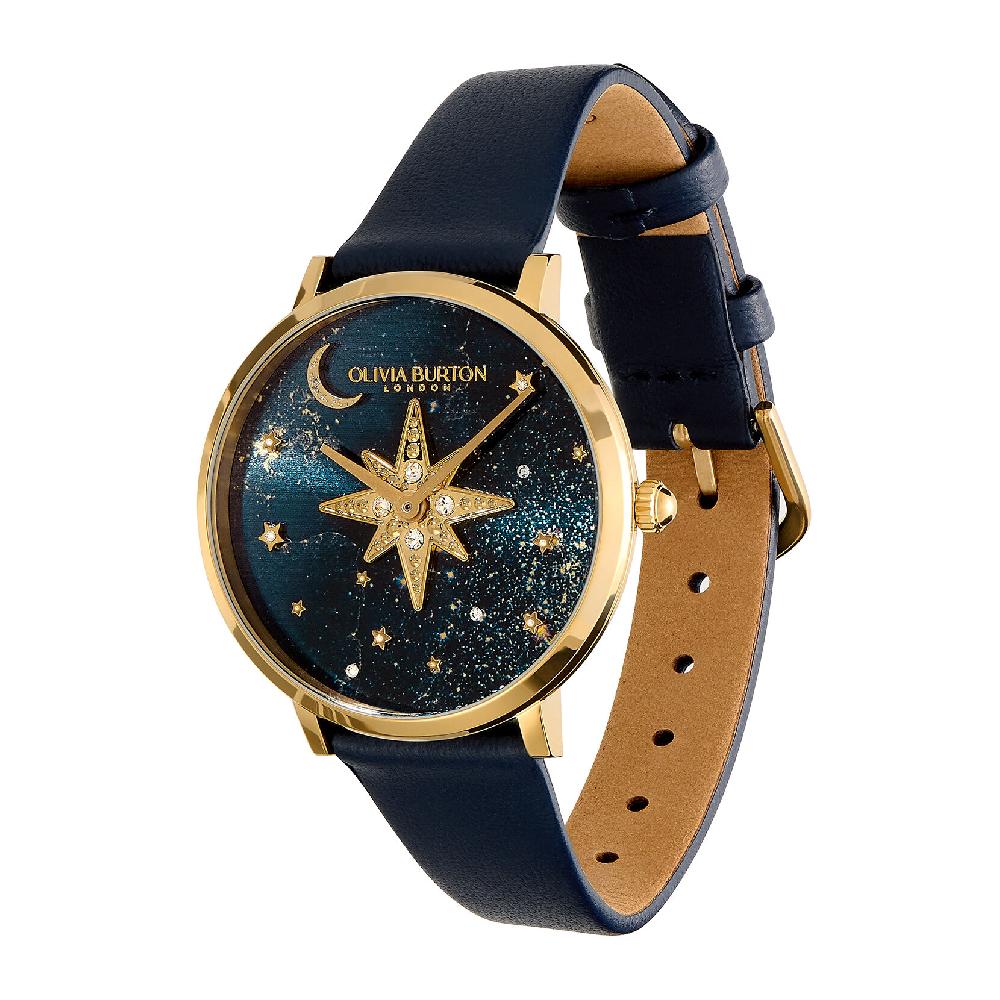 Olivia Burton 35mm Nova Slim Gold & Sapphire Blue Leather Strap Watch