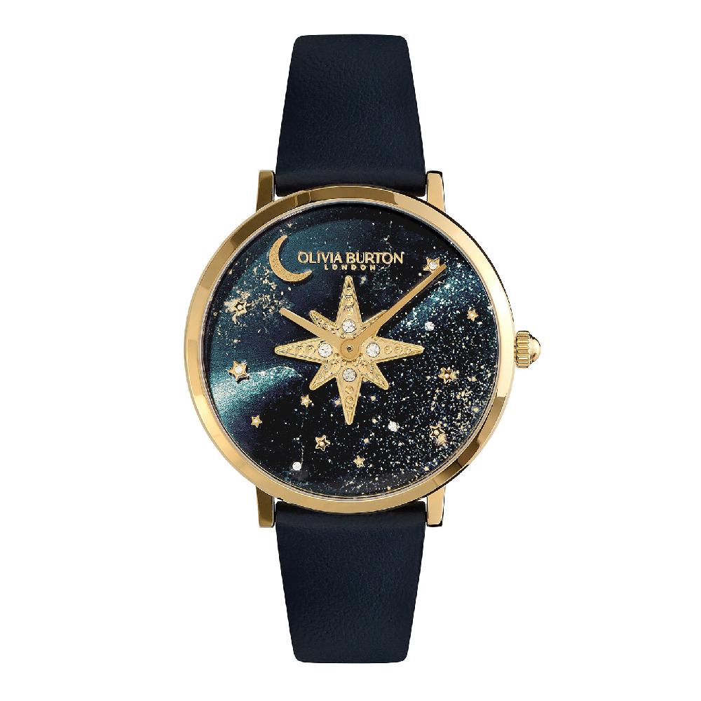 olivia burton 35mm Nova Slim Gold & Sapphire Blue Leather Strap Watch