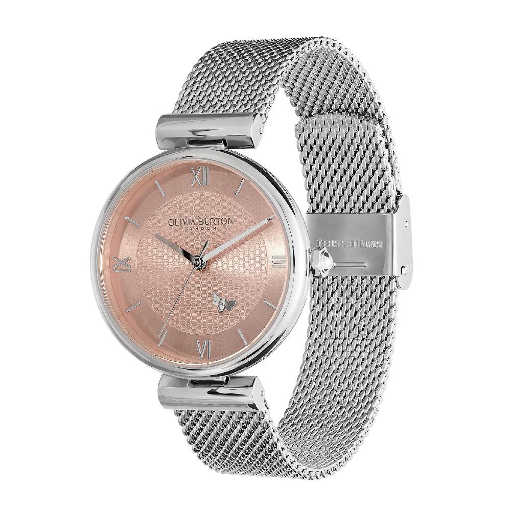 Olivia Burton 36mm Minima Bee T-Bar Blush & Silver Mesh Watch