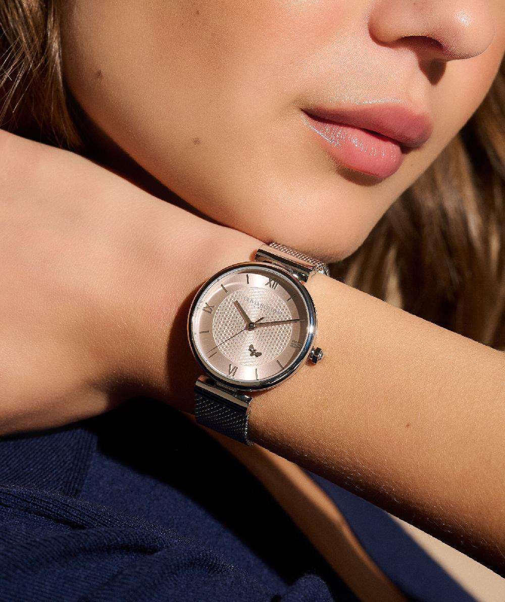 Olivia Burton 36mm Minima Bee T-Bar Blush & Silver Mesh Watch