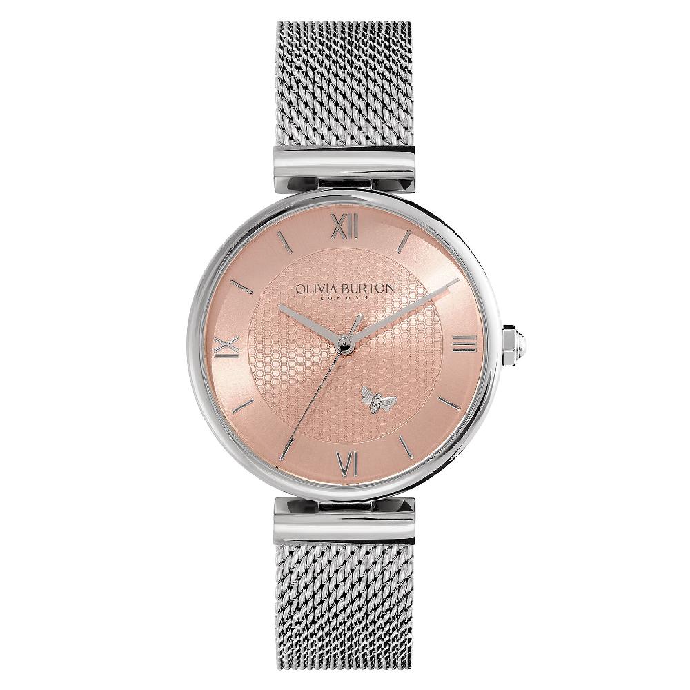 olivia burton 36mm Minima Bee T-Bar Blush & Silver Mesh Watch