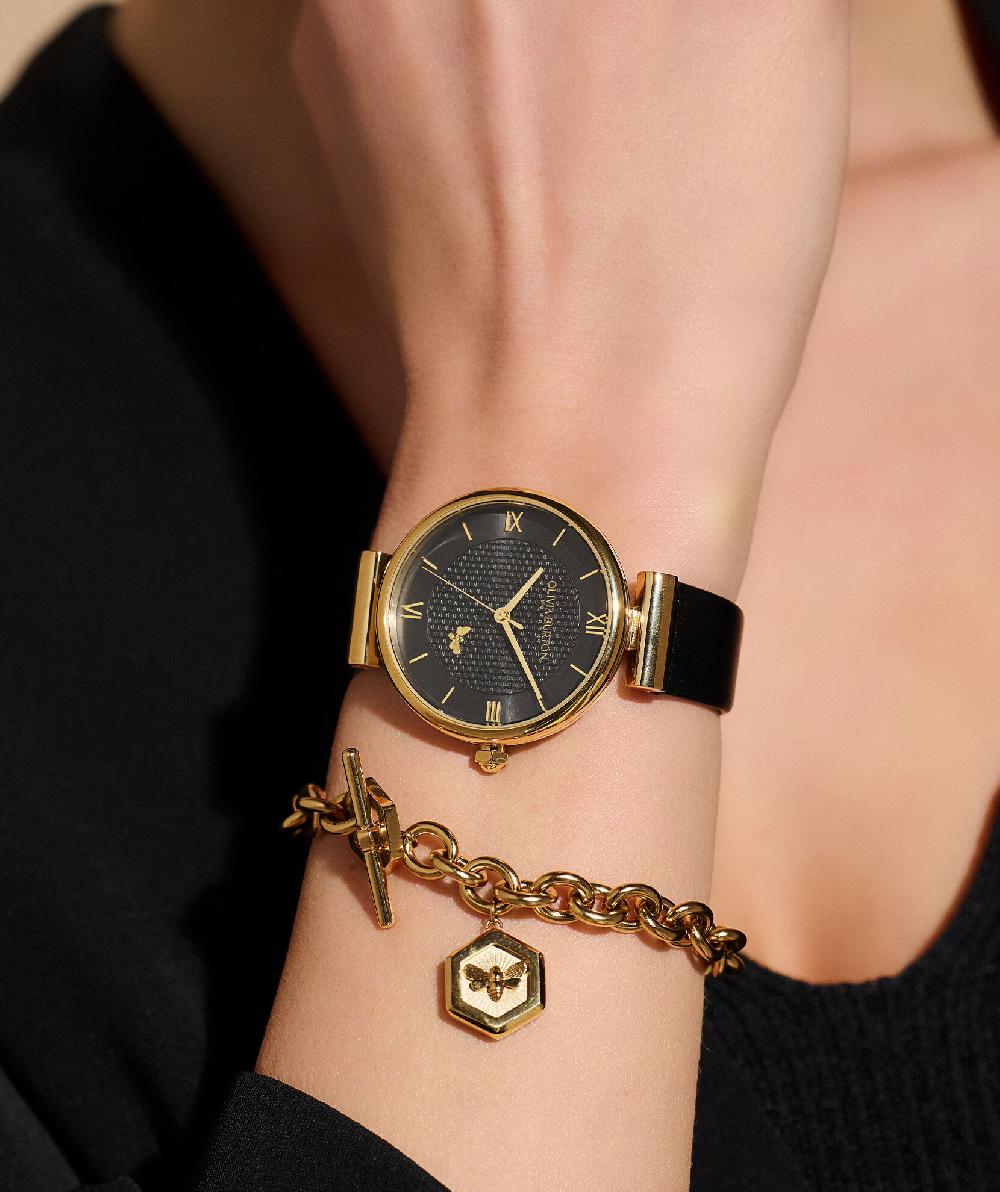 Olivia Burton 36mm Minima Bee T-Bar Gold & Black Leather Strap Watch