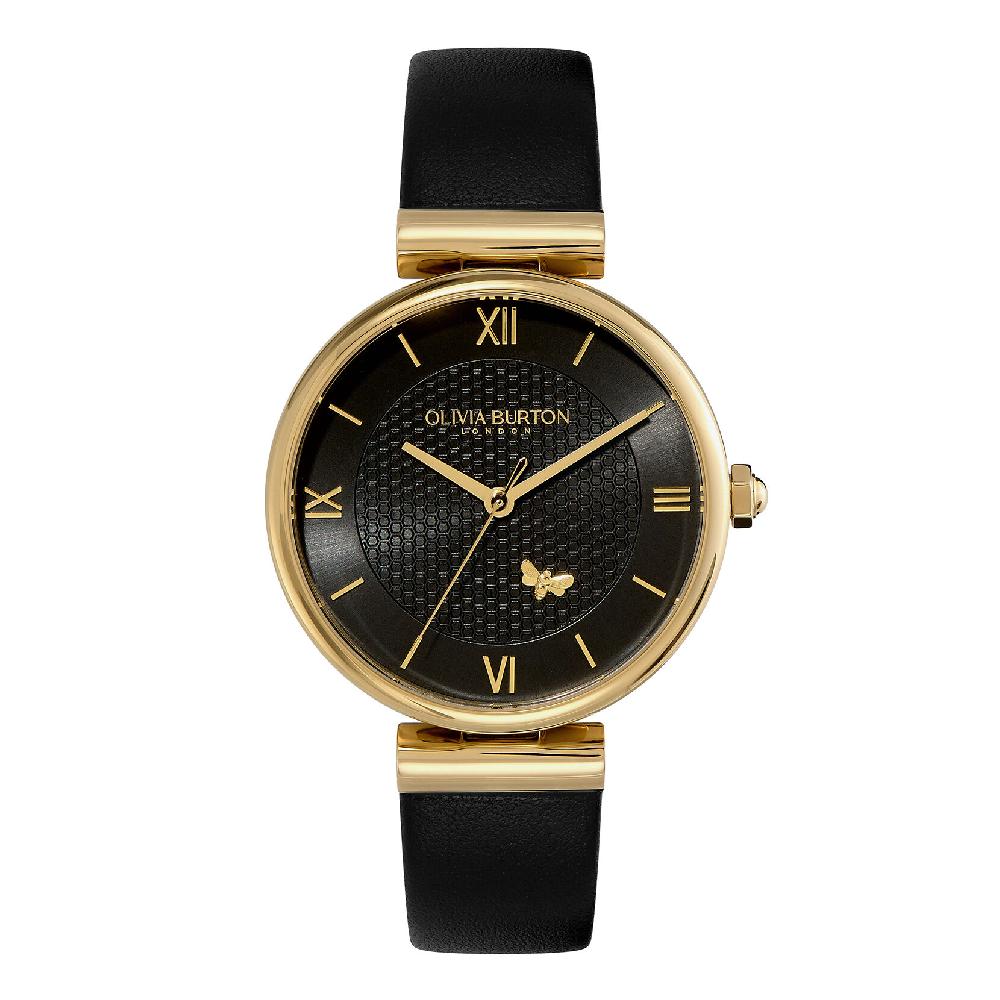 olivia burton 36mm Minima Bee T-Bar Gold & Black Leather Strap Watch