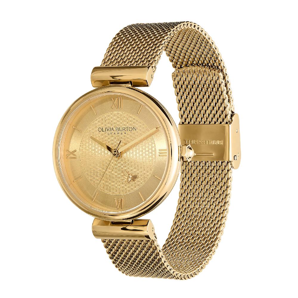 Olivia Burton 36mm Minima Bee T-Bar Gold Mesh Watch