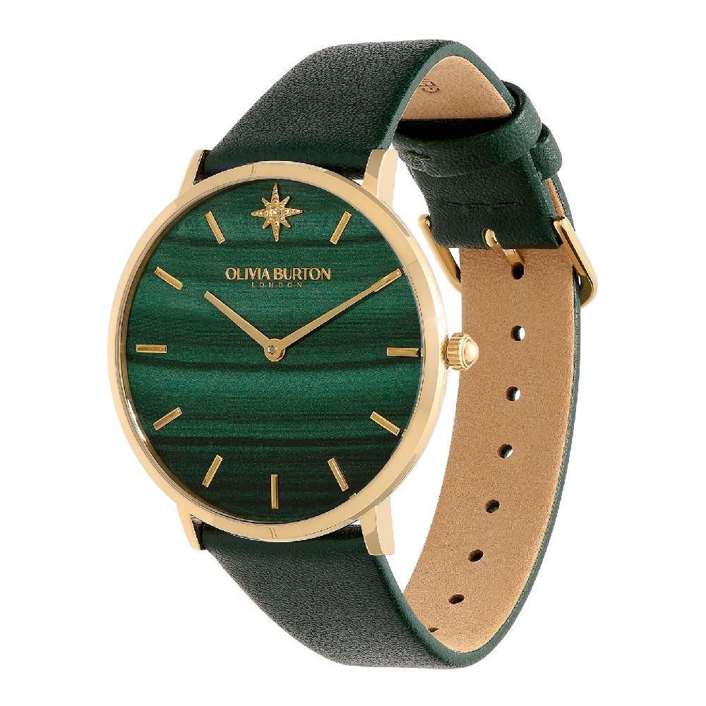 Olivia Burton 40mm Faux Malachite Gold & Green Leather Strap Watch