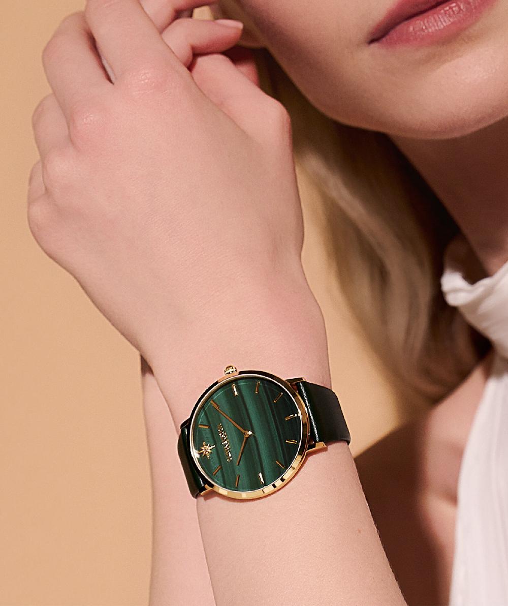 Olivia Burton 40mm Faux Malachite Gold & Green Leather Strap Watch