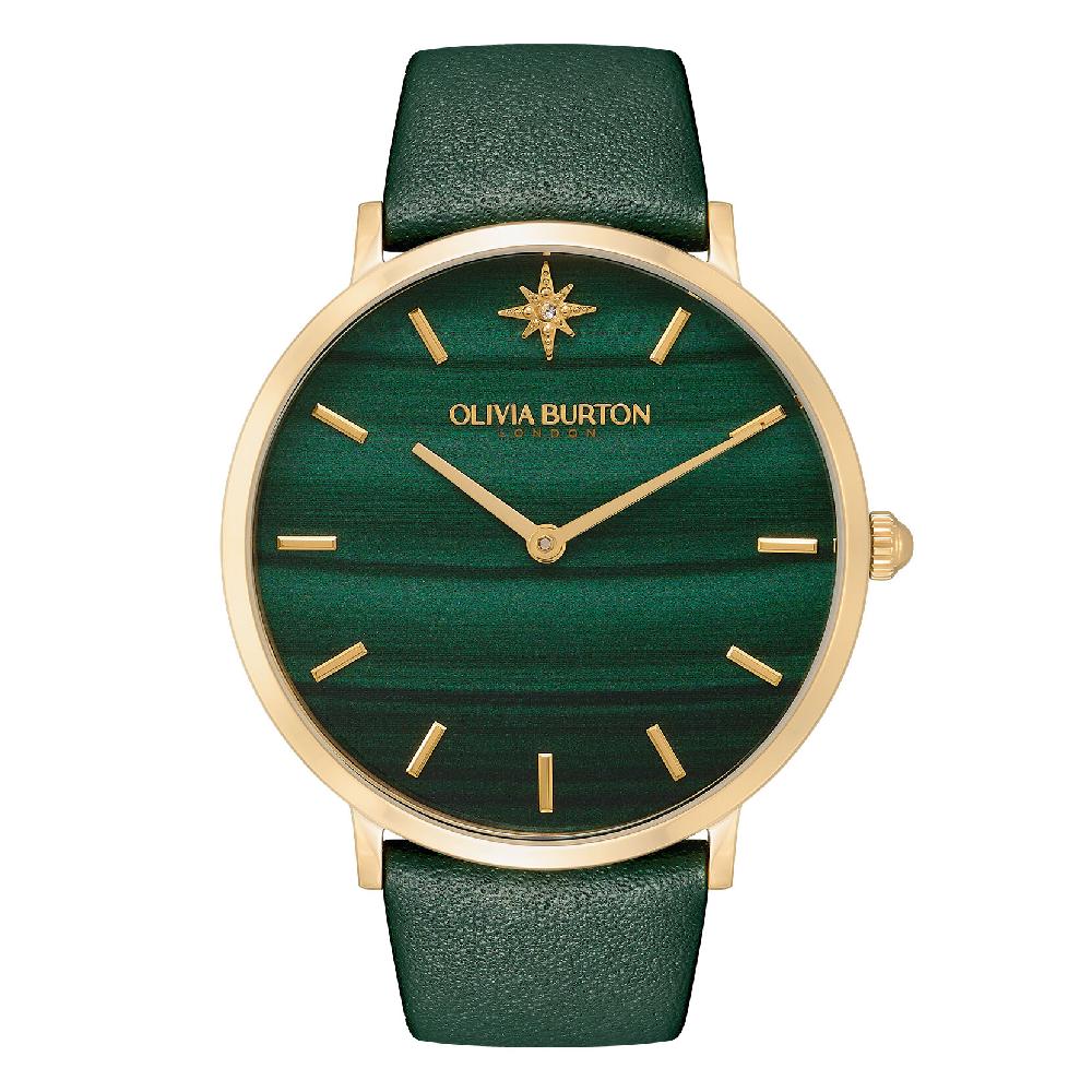 olivia burton 40mm Faux Malachite Gold & Green Leather Strap Watch