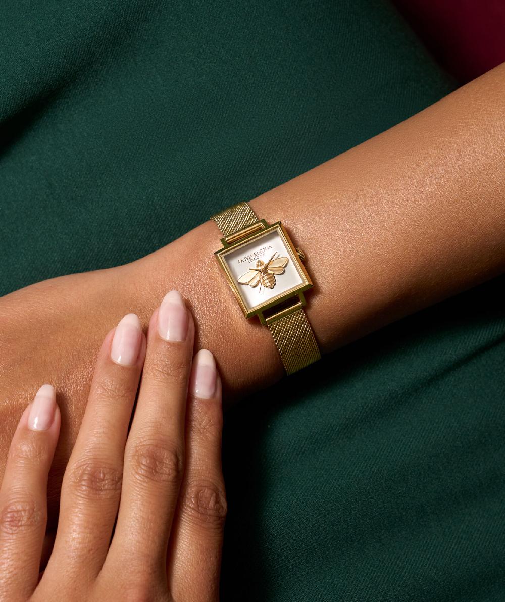 Olivia Burton 23mm Lucky Bee White & Gold Mesh Watch