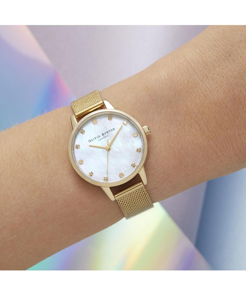 Olivia Burton 30mm White & Gold Mesh Watch