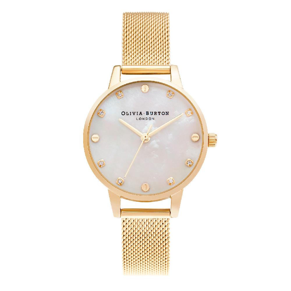 olivia burton 30mm White & Gold Mesh Watch