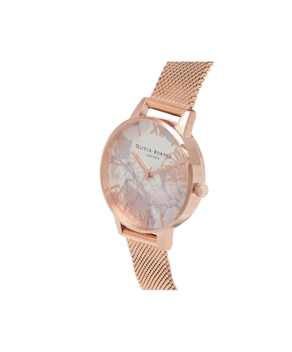 Olivia Burton 30mm White & Rose Gold Mesh Watch