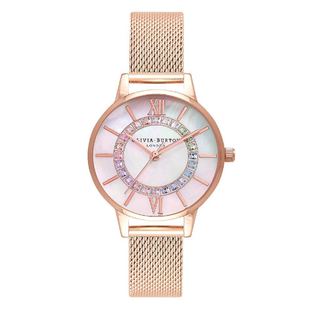 olivia burton 30mm White & Rose Gold Mesh Watch
