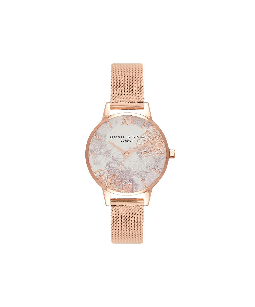 olivia burton 30mm White & Rose Gold Mesh Watch