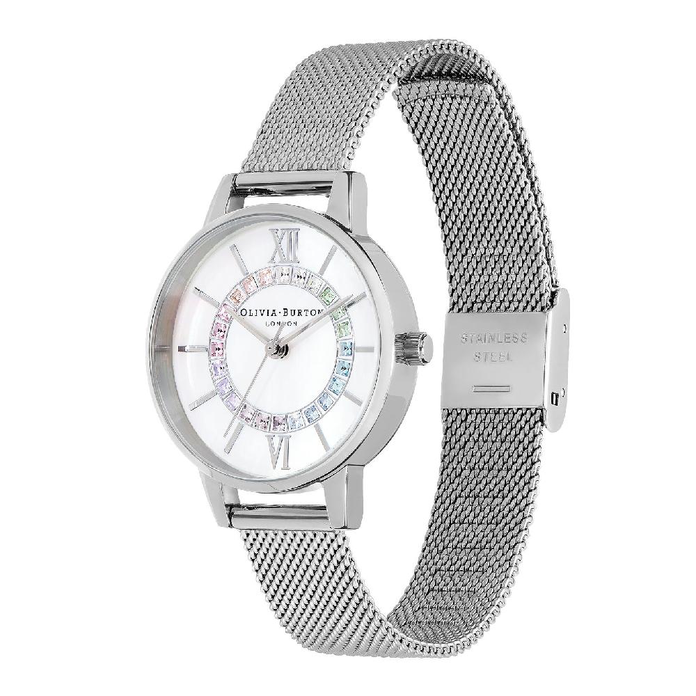 Olivia Burton 30mm White & Silver Mesh Watch
