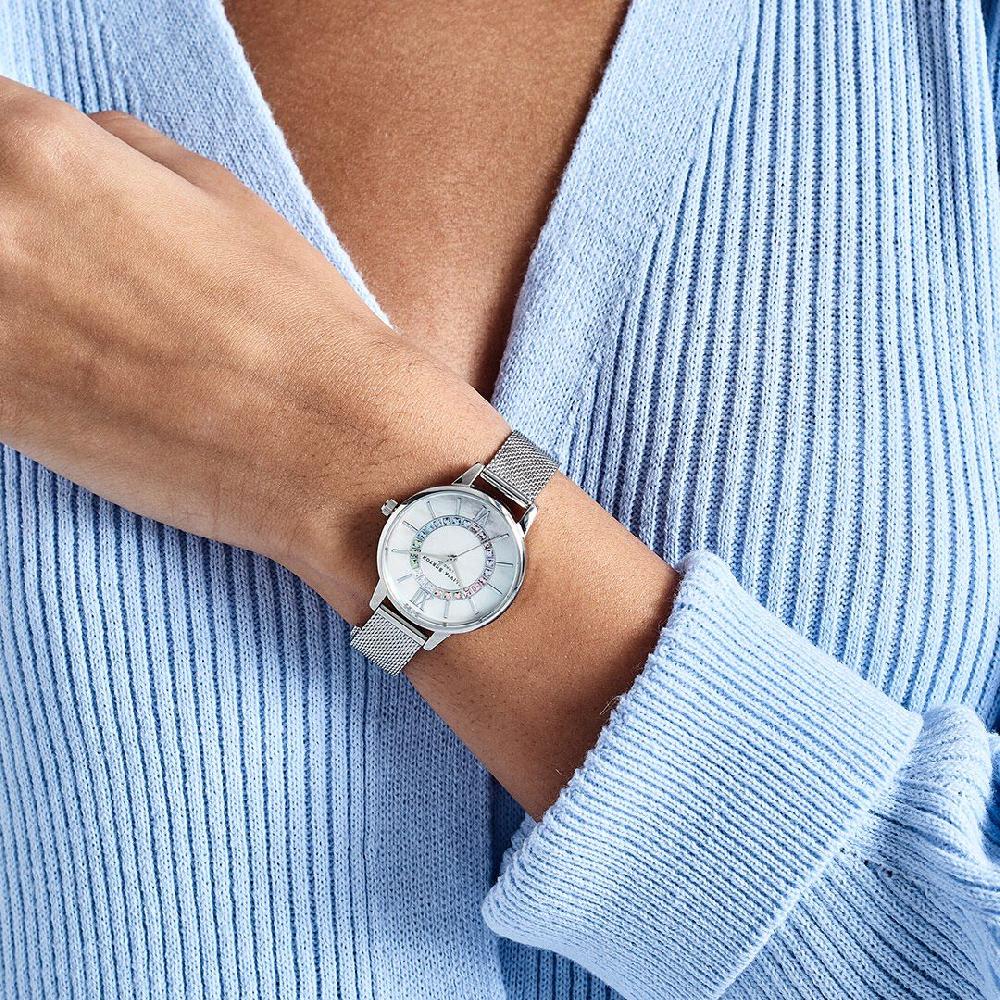 Olivia Burton 30mm White & Silver Mesh Watch