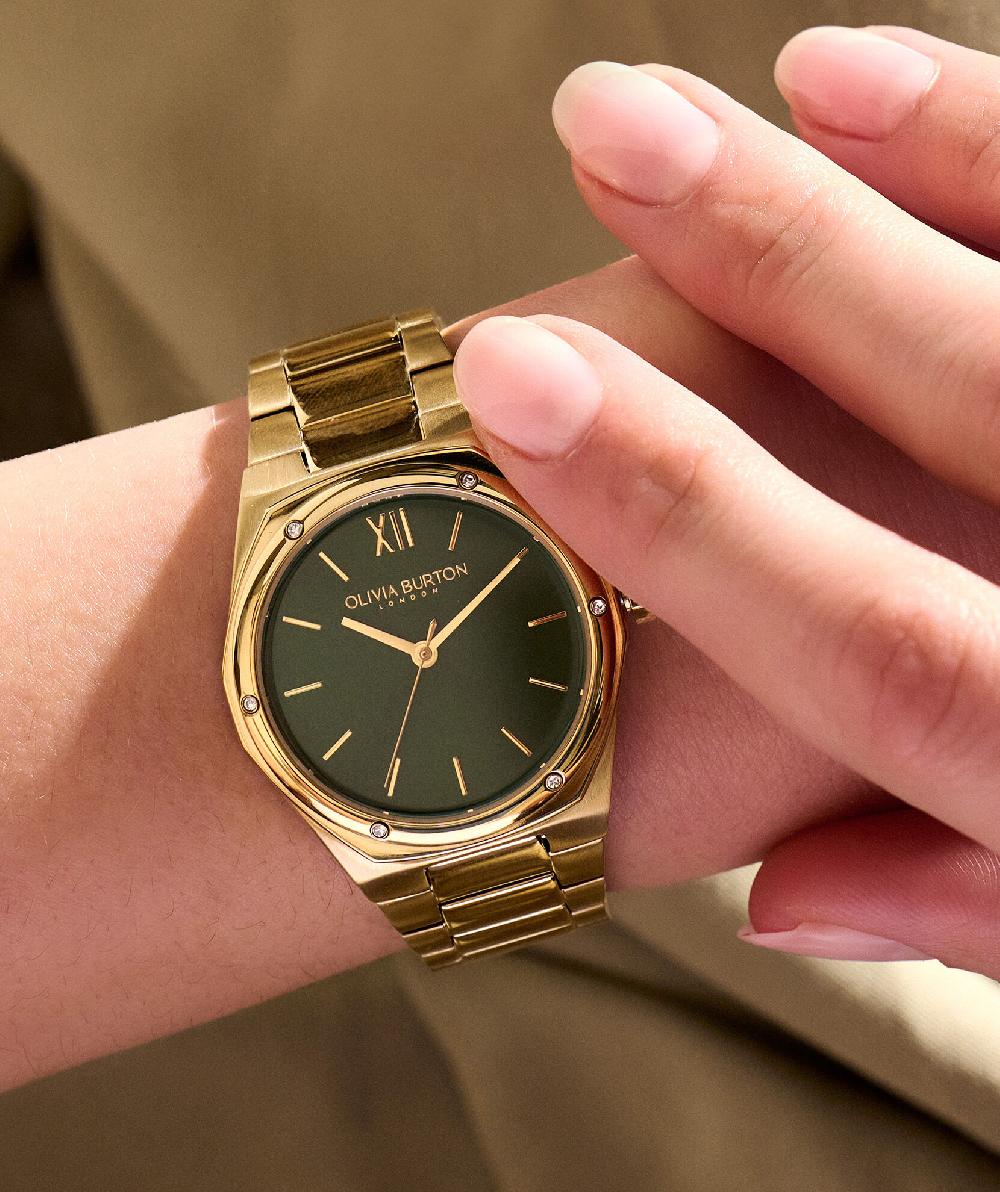 Olivia Burton 33mm Hexa Green & Gold Bracelet Watch