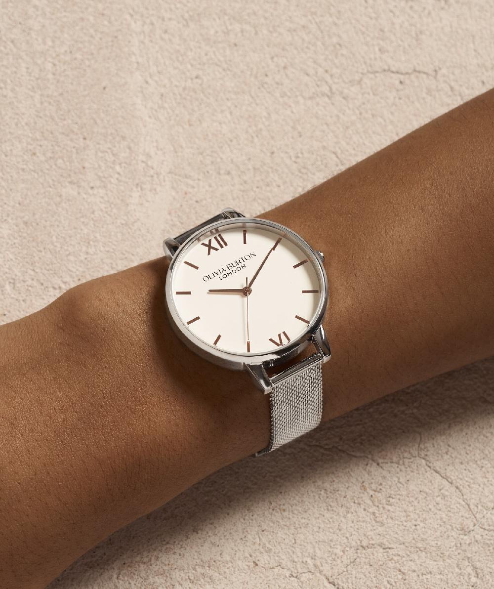 Olivia Burton 38mm White & Silver Mesh Watch