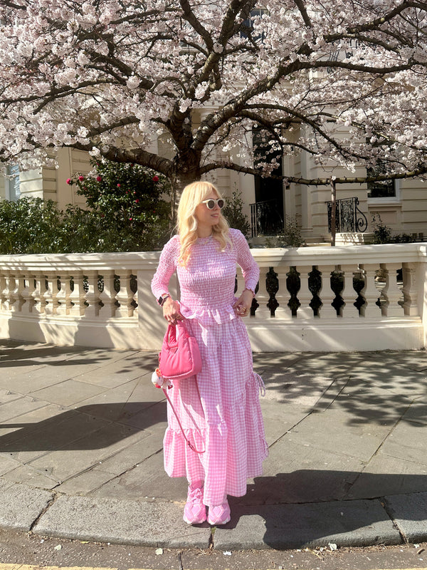 Olivia Rubin Akira Pink Gingham Smocked Top SAMPLE With A Make Up Stain On The Collar